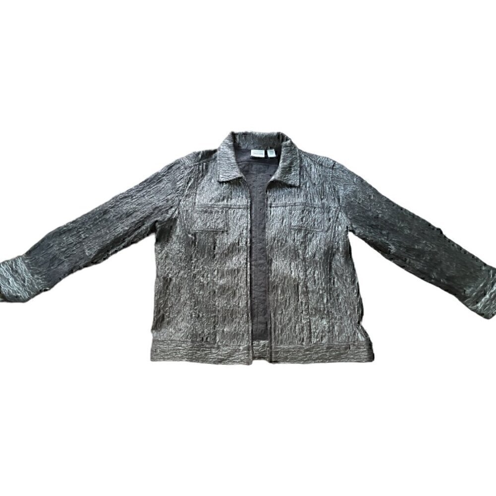 Chico's Silvery Gray Metallic Jacquard Jacket Textured Blazer Zip Up Sz.2 Large